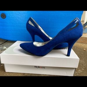 Brand-new, never before worn, rich dark blue, suede, high heel pumps, heels.